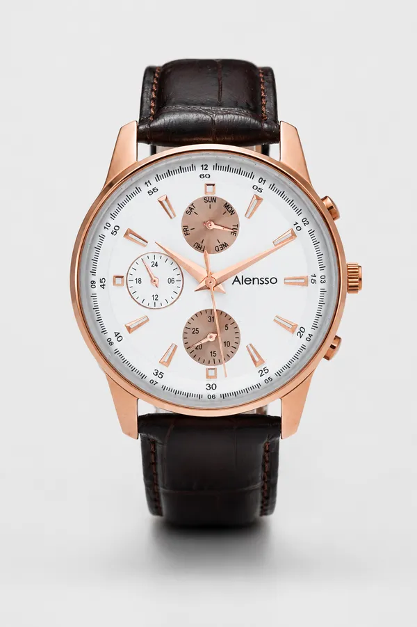 Alensso DQ7 A162 Men’s Quartz Watch  White Dial & Coffee Brown Leather Strap
