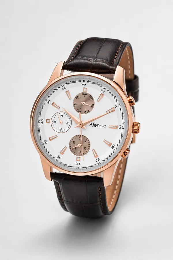 Alensso DQ7 A162 Men’s Quartz Watch  White Dial & Coffee Brown Leather Strap