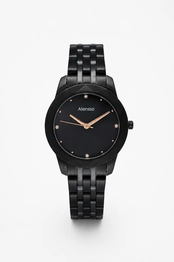 Alensso Signora A125 Women’s Premium Analog Watch Black Dial & Black Metal Chain Strap