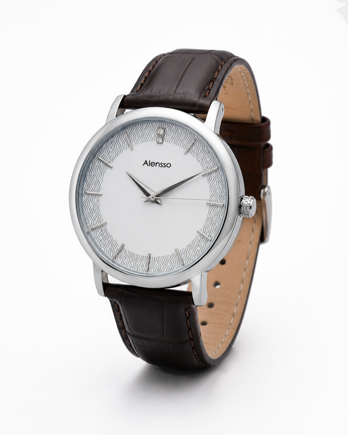 Alensso Sahib Series A155 Men’s Analog Watch White Dial & Coffee Leather Strap